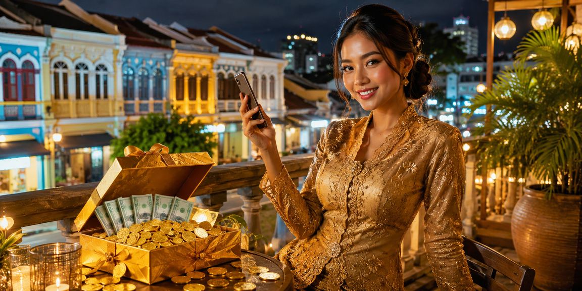Pengguna re4r di Penang menggunakan telefon untuk mengakses loteri dalam talian dengan pakaian tradisional